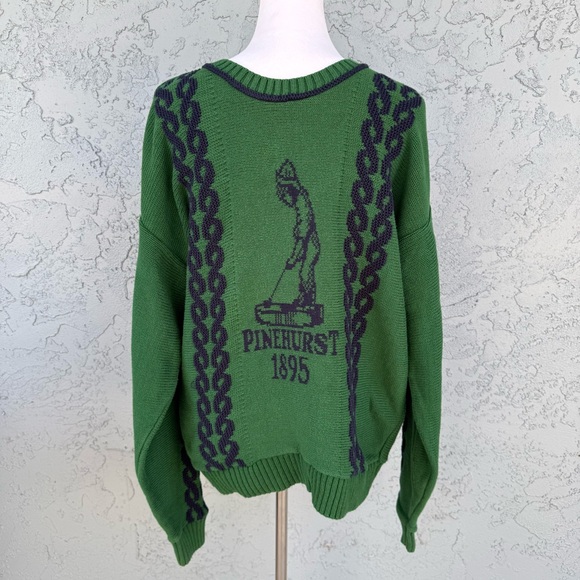 Pinehurst 1895 Other - Vintage Pinehurst 1895 Green Knit Sweater with Navy Golf Motif 100% Cotton XL